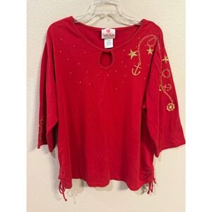 Quacker Factory Nautical Top Women 1X Red Excellent Embroidered Anchor Keyhole